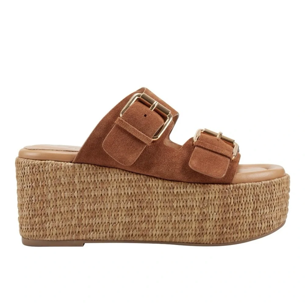 Marc Fisher Suede Double Buckle Platform Sandals in Tan